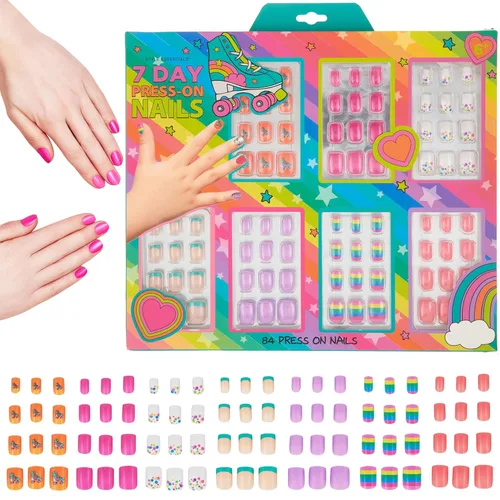 Vista 10 de Colección de Manicura de 7 Días - Juego de 84 Uñas Postizas a Presión, Uñas Adhesivas del Día de la Semana para Niñas – Uñas Postizas de Diseños Bff