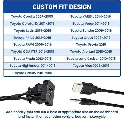 Vista 3 de Anina USB AUX Montaje empotrado para Toyota, cable de extensión AUX de 0.138 in para salpicadero de automóvil macho a hembra, adaptador de enchufe