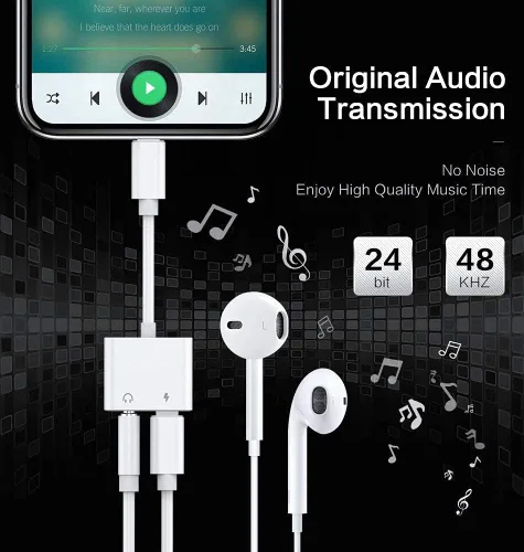 Vista 2 de [Certificado MFi de Apple] Adaptador de conector de auriculares Lightning a 0.138 in 2 en 1 AUX Audio+Charge iPhone Splitter Adaptador