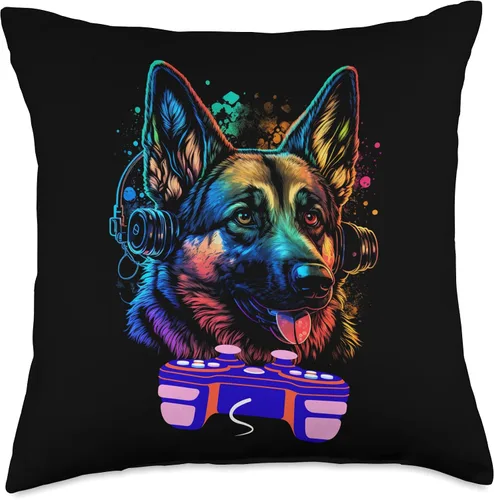 Funny Video Gamer Dog German Shepherd Lovers Cojín para hombre y niño con diseño de pastor alemán para jugar en videojuegos, 18 x 18 pulgadas,