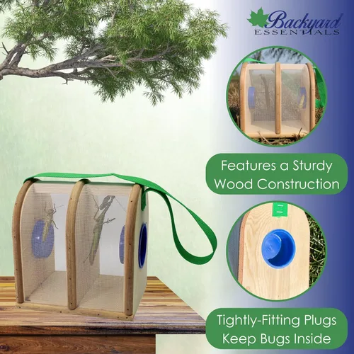 Vista 2 de Caja de insectos de madera para niños, hábitat de insectos de doble cámara con correa de transporte de nailon