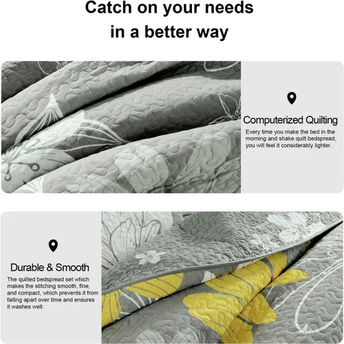 Vista 7 de PANGUSHAN Juego de edredón de 100 % algodón tamaño Queen, juego de ropa de cama tamaño Queen, edredón reversible floral acolchado para cama Queen