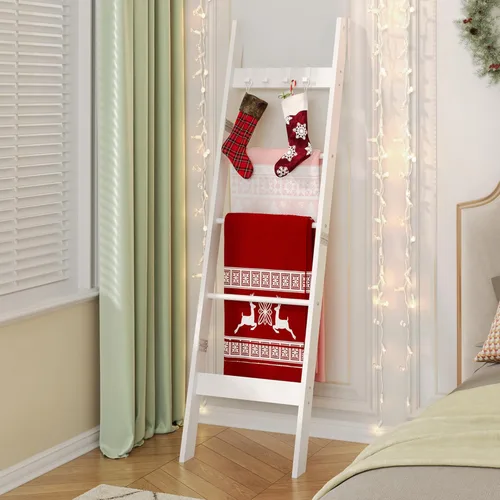 Vista 10 de Escalera para manta para sala de estar, estante decorativo para edredón con 4 ganchos extraíbles, 5 niveles de soporte de escalera de granja Blanco