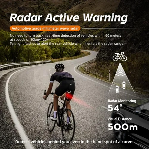 Vista 4 de Luz trasera de radar para bicicleta con detección de radar de 24 GHz, detección activa de alerta y freno, visibilidad de 1,640.4 ft, 5 modos