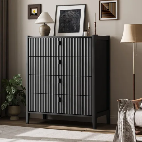 Vista 10 de Cómoda negra de 6 cajones para dormitorio, cómoda de madera moderna, cómoda doble de diseño acanalado con patas de madera, mueble de almacenamiento