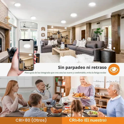 Vista 5 de Lámparas de techo de montaje empotrado, 3000K-4000K-6500K y 100W equivalentes a luces LED planas para techo de habitación, luces de techo redondas