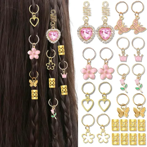 24 piezas de joyería de cabello rosa para el día de San Valentín, clips de trenzas de corazón, flor, mariposa, loc, anillo para el cabello,