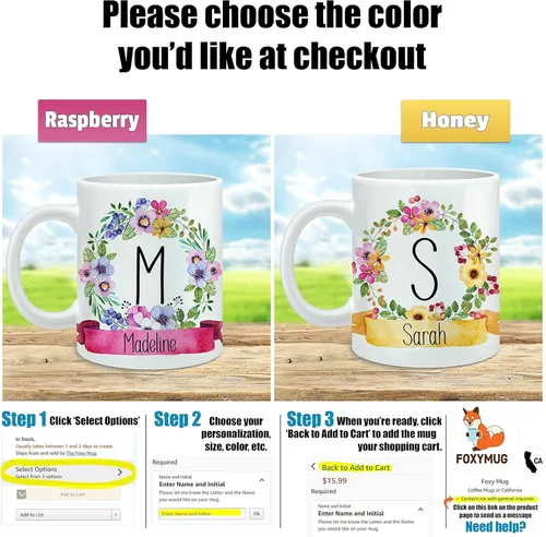 Vista 2 de Personalized Name Coffee Mug Monogram Initial Cup Floral Mug with Name and Letter Microwave and Dishwasher Safe Ceramic