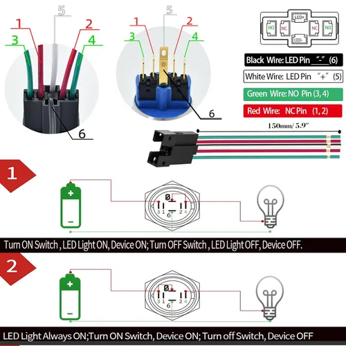 Vista 5 de Interruptor de botón con pestillo de 0.866 in 7/8 pulgadas, 24 V CC/CA SPDT de encendido y apagado, impermeable, IP67, acero inoxidable 304 con Azul