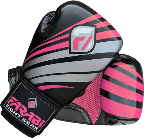 Vista 3 de Farabi Guantes de boxeo Pro Fighter Sparring Gym Bag Punching Focus Pad Mitts Negro / Rosa