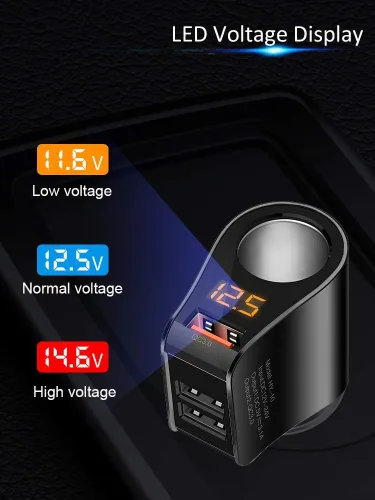 Vista 5 de LIHAN Cargador de coche con 3 USB, salida QC3.0, adaptador para encendedor de cigarrillos, enchufe de salida de 12 V/24 V, medidor de voltaje