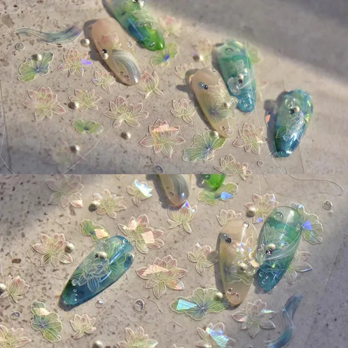 Vista 10 de 2 hojas de hojas de bambú de sauce para arte de uñas, estilo chino, 5D, calcomanías de uñas en relieve dorado, autoadhesivas para mujeres y niñas