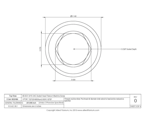 Vista 5 de 0032486 Tornillo de máquina de titanio con cabeza de zócalo #2-56 X 3/16 UNC (paquete de 25), grado 2 (CP)