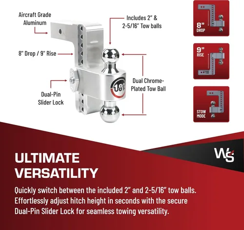 Vista 4 de Weigh Safe Soporte de bola de enganche de remolque ajustable, enganche de caída ajustable de 8 pulgadas para receptor de 2.5 pulgadas con juego de 4