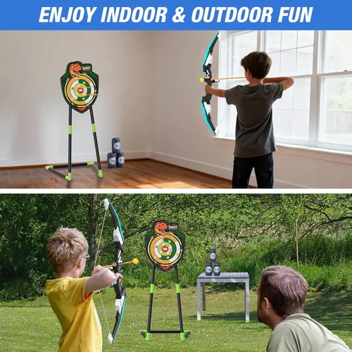 Vista 7 de Arco y flecha para niños, juego de tiro con arco con luz LED con 12 flechas de ventosa, 1 blanco de pie, 3 blancos de puntuación y 1 carcaj, regalos