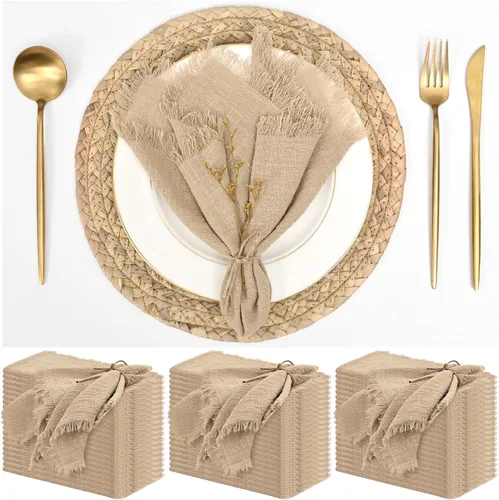 Vista 13 de Paquete de 12 servilletas de lino y algodón beige de 16 x 16 pulgadas, hechas a mano con flecos, servilletas de tela suave, lavables y rústicas