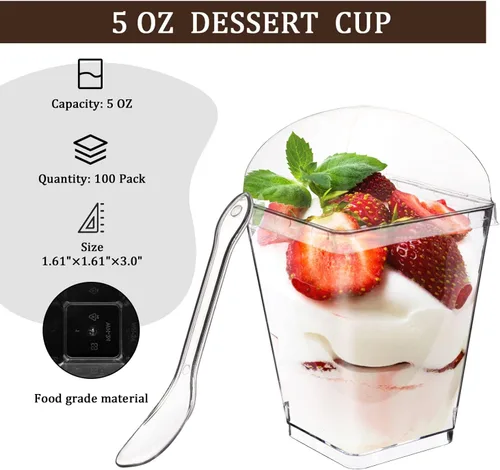 Vista 2 de Paquete de 100 tazas de postre de 5 onzas con tapas y cucharas, tazas altas de plástico transparente para parfait, vasos de postre para fiesta
