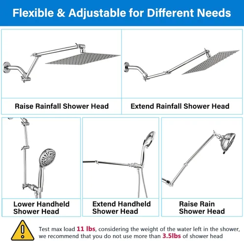 Vista 6 de PDPBath Brazo de extensión de cabezal de ducha de latón de 16 pulgadas, extensor de brazo de ducha ajustable en altura y ángulo con juntas
