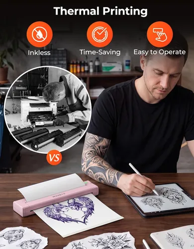 Vista 7 de MUNBYN ITP05S - Impresora de plantillas de tatuaje, impresora térmica inalámbrica Bluetooth con 20 hojas de papel de transferencia, compatible