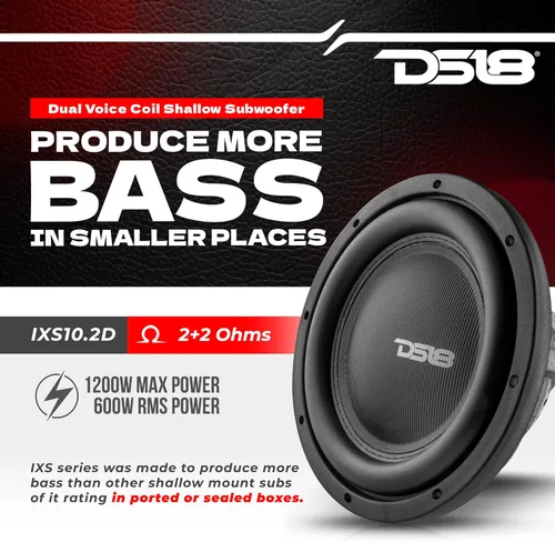 Vista 2 de DS18 IXS10.2D Subwoofer para automóvil de 10 pulgadas, 1200 vatios, potencia máxima, 600 vatios, RMS DVC 2 + 2 ohmios, potente subwoofer de montaje