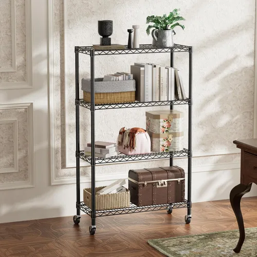 Vista 5 de SINGAYE Estante de almacenamiento ajustable de 4 niveles con ruedas, estantería resistente, estantes de alambre para garaje, oficina, despensa