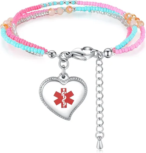 Vista 9 de mnmoom Elegant Medical Alert Bracelets for Women with heart medical id charm has Custom Engraved
