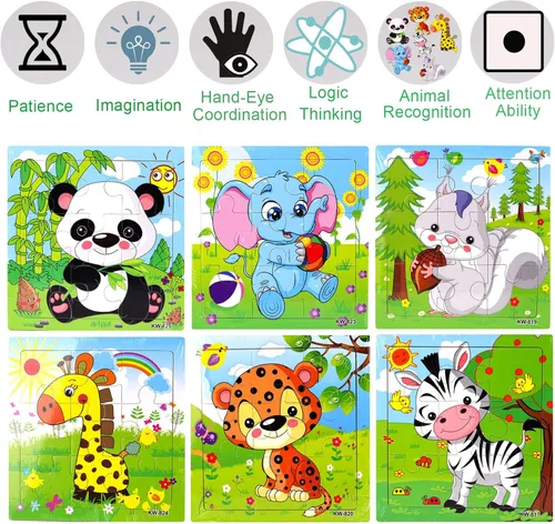Vista 2 de 6 Pack Wooden Animal Jigsaw Puzzles for Kids Age 2 3 4 5 Toddler Preschool Educational Puzzles Learning Travel Toys for Boys and Girls