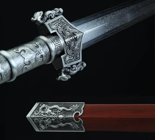 Vista 2 de LOONGSWORD, espada china Han jian, espadas reales (hoja de acero de Damasco forjado, accesorios de aleación, vaina de palisandro)
