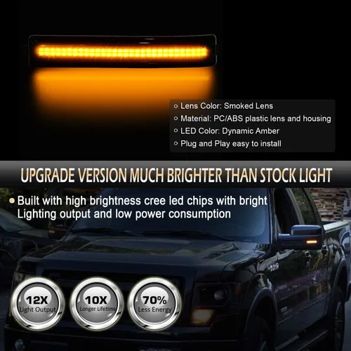 Vista 2 de D-Lumina Reflector de espejo lateral LED secuencial, luces direccionales, lente ahumada, compatible con Fo-rd F150 2009-2014, luz intermitente