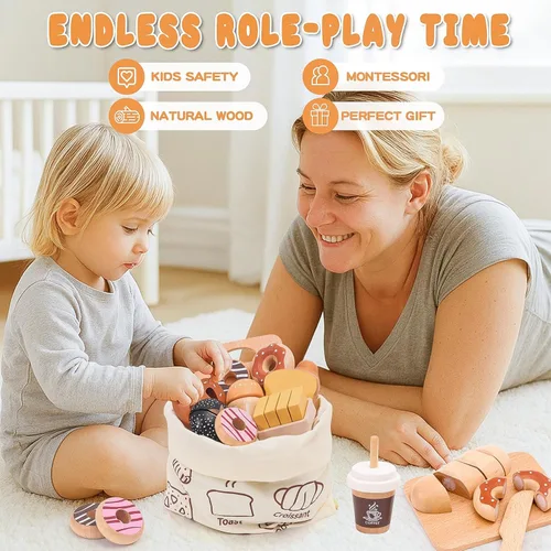 Vista 4 de Juego de madera para panadería, juguetes de comida, juego de cocina para niños, accesorios de cocina con bolsa de almacenamiento, juego