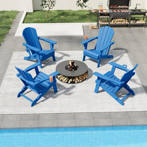 Vista 14 de Sillas plegables Adirondack con portavasos, juego de 4 sillas de plástico HDPE para exteriores, resistentes a la intemperie, aspecto de madera real