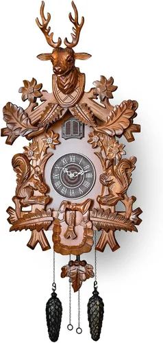 Reloj de cuco con modo nocturno automático, cabeza de ciervo tallada a mano y decoraciones de madera (marrón)