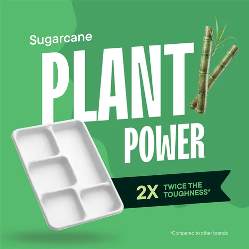 Vista 6 de Plato de papel 100% compostable, paquete de 125 unidades bandeja de 5 compartimientos desechable de calidad resistente, ecológica hecha de fibras