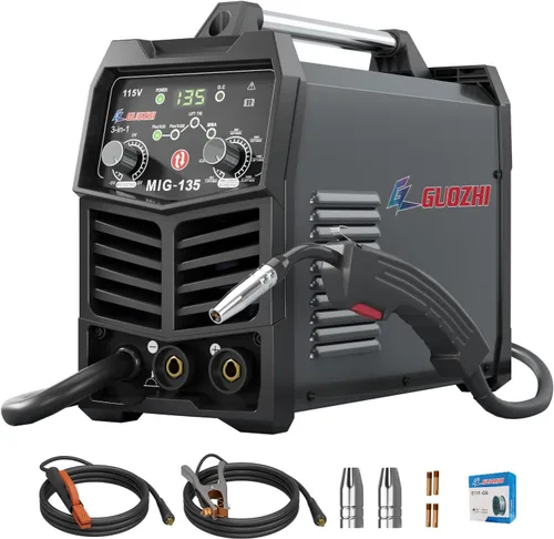 GZ GUOZHI Soldador MIG de 135 amperios, soldador de núcleo de flujo 110220 V, máquina de soldadura 3 en 1 Flux MIGMMALIFT TIG, soldador inversor IGBT
