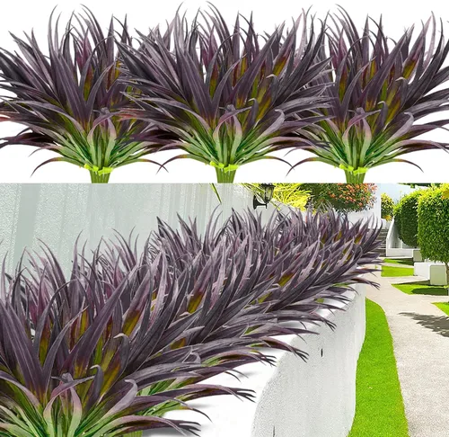 Vista 18 de 8 piezas flores artificiales de otoño para decoración al aire libre, plantas artificiales de otoño para exteriores, hierba amarilla artificial