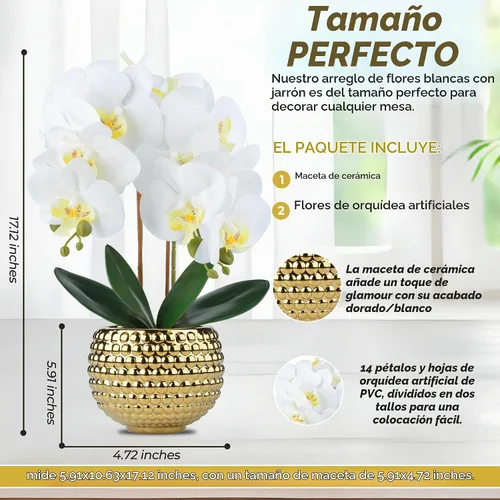 Vista 2 de Orquídeas artificiales grandes, orquídeas artificiales blancas de 17 pulgadas con maceta dorada para decoración de sala de estar, planta de orquídea