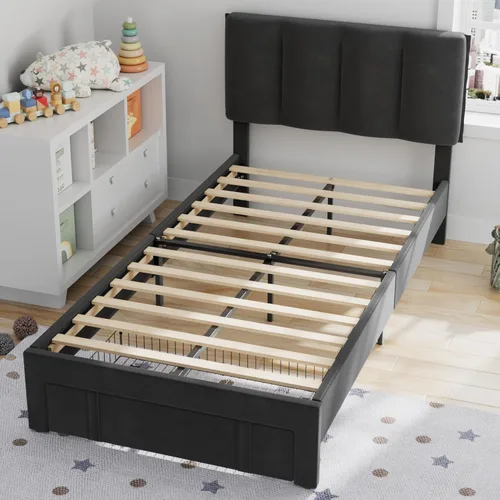 Vista 6 de VECELO Base de cama de tamaño individual con cajón de almacenamiento, base de cama de plataforma resistente con cabecera y fuerte soporte de Negro