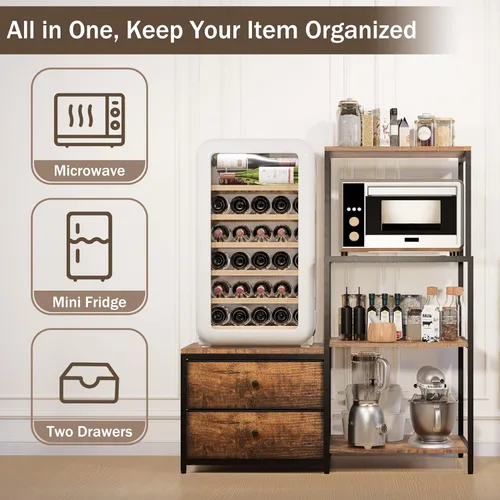 Vista 4 de Soporte para Mini Refrigerador con Almacenamiento, Soporte para Microondas y Mini Refrigerador con Toma de Corriente, Barra de Café, Estante