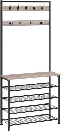 HOOBRO Árbol de Pasillo, Perchero con Zapatero, Árbol de Pasillo con Banco, Organizador de Almacenamiento de Zapatos de 5 Niveles con 9 Ganchos para