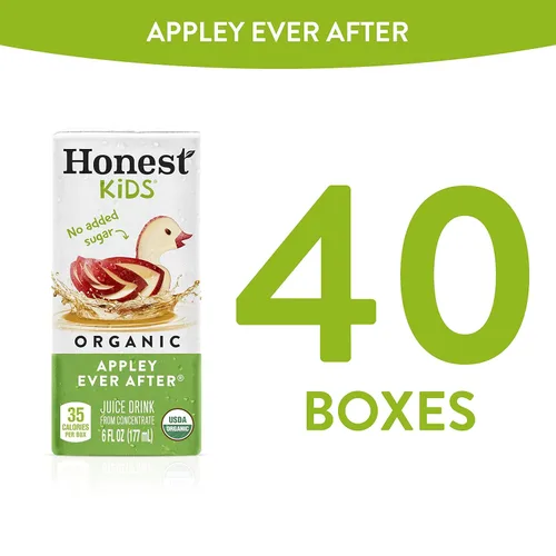 Vista 5 de Honest Kids Appley Ever After, bebida de jugo orgánico, cajas de jugo de 6 onzas líquidas, paquete de 40, manzana