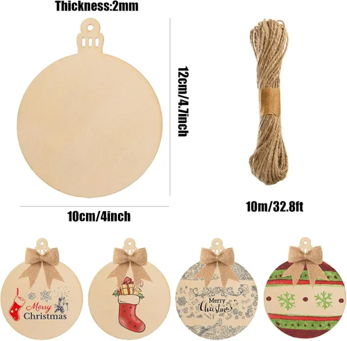 Vista 2 de 100 círculos de madera sin terminar con agujeros, discos de madera redondos en blanco, adornos colgantes de Navidad de madera con cordel