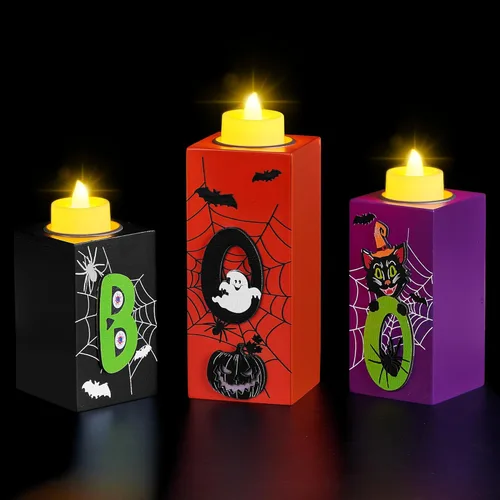 Vista 11 de BlcTec Decoraciones de Halloween, 3 portavelas de madera de Halloween con velas de té LED y artesanía de tallado 3D, centros de mesa de madera Negro