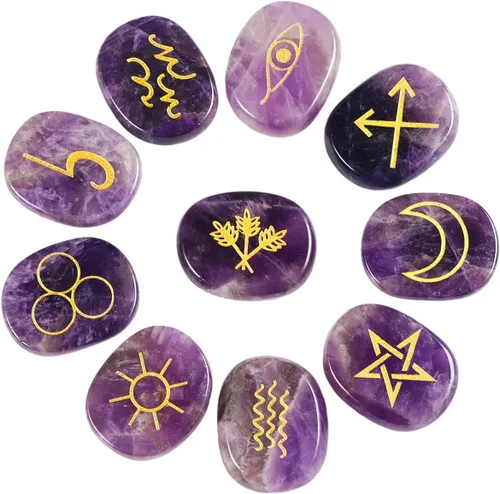 Vista 13 de Rockcloud Juego de runas de brujas de cristal curativo Lapislázuli, símbolo gitano, piedras de chakra, piedra de palma, equilibrio de reiki, 10