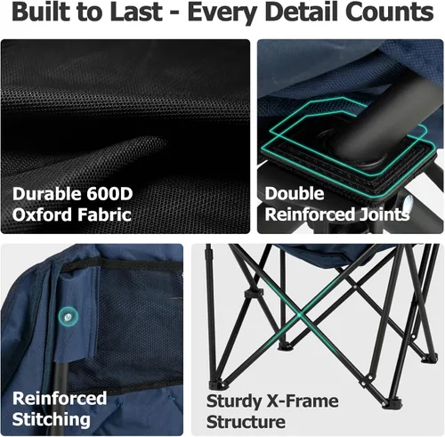Vista 7 de Overmont Silla de campamento de gran tamaño para adultos, soporte de 400 libras, silla plegable acolchada resistente con bolsa de enfriamiento