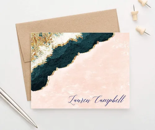 Vista 2 de Papelería personalizada de ágata azul y dorada para mujer, elegantes tarjetas de notas plegables personalizadas con sobres, papelería personalizada