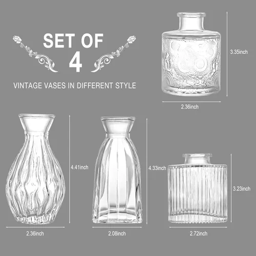 Vista 2 de Jarrones de Cristal Transparente Juego de 4 Jarrones Pequeños para Centros de Mesa, Jarrones de Flores de Cristal Vintage a Granel Adecuados