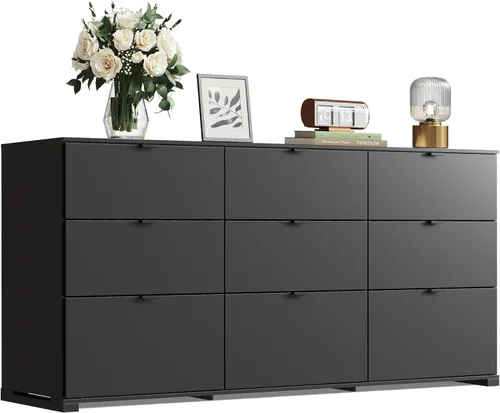 Vista 13 de WLIVE Cómoda LED negra para dormitorio, cómoda alta de madera con 4 cajones y estante abierto, cómoda con toma de corriente para sala de estar