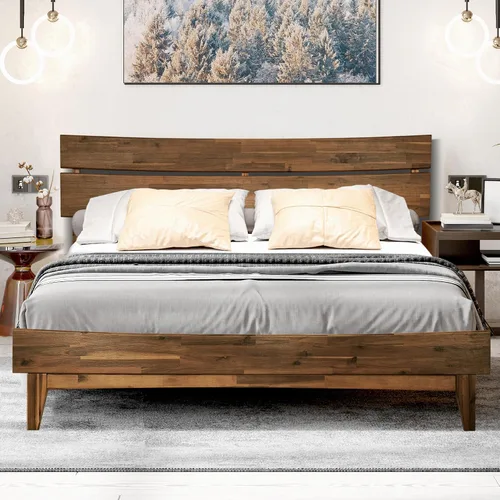 Vista 11 de Acacia Aurora - Marco de cama con cabecero, cama de plataforma de madera 100% maciza, estilo de cama escandinavo con todos los colchones Caramelo