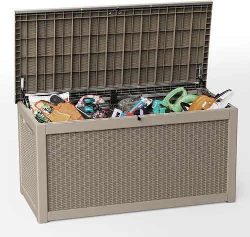 Vista 9 de EasyUp Caja de almacenamiento para exteriores de 90 galones, impermeable, resistente a los rayos UV, con varilla hidráulica, estabilidad reforzada