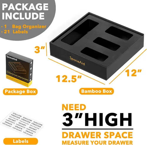Vista 3 de SpaceAid Organizador de bolsas para cajón de cocina, de bambú, compatible con galón, cuarto de galón, sándwiches y aperitivos, para bolsas de Negro